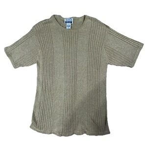 Anna Gray Sweater Womens Small Gold Metallic Silk Blend Ribbed Knit Short Sleeve
